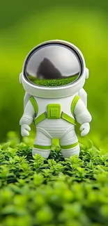 Miniature astronaut standing on vivid green leaves.