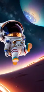 Cartoon astronaut exploring a colorful planet in space.