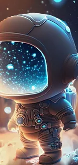 Cute astronaut standing in a colorful cosmic scene with a starry reflection.