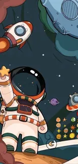 Whimsical astronaut in space with rockets and planets, offering a playful scene.