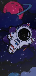 Cartoon astronaut floating in colorful space with planets and stars.