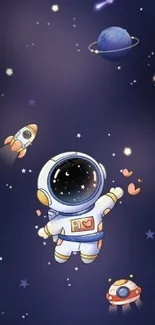 Cute astronaut floating in space with stars and planets.