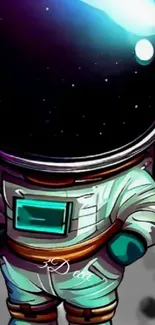 Cute astronaut in a teal suit with a large helmet, floating in space.