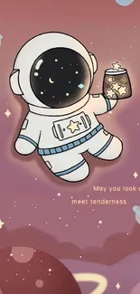 Cute astronaut floating in dreamy space scene.