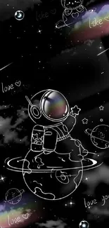 Cute astronaut in space with stars and rainbows on a mobile wallpaper.