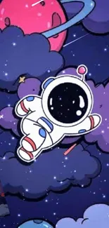 Adorable cartoon astronaut in outer space with planets and stars.