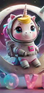 Cute astronaut unicorn sitting on a moon with colorful text.