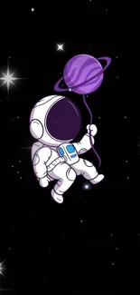 Adorable astronaut floats with purple planet balloon in starry space.