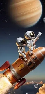 Cute astronauts on a rocket with stars and planets in space.