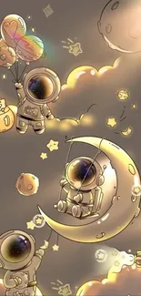 Cartoon astronauts playfully exploring a moonlit space scene.