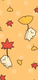 Cute bears floating with autumn leaves on orange background.