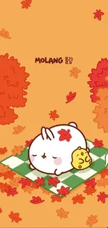 Cute cartoon character in autumn scene with fall leaves and picnic blanket.