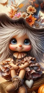 Cute cartoon character with fluffy hair in autumn-themed setting.