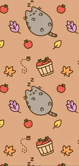 Cute cat with autumn leaves and apples on tan background.