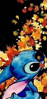 Cute blue character with autumn leaves on black background.