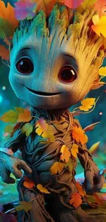 Cute Groot surrounded by colorful autumn leaves.