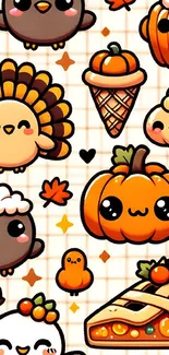 Cute kawaii autumn wallpaper with pumpkins and turkeys.