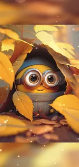 Cute autumn character amidst yellow leaves wallpaper.