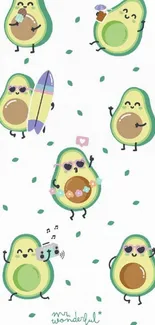 Whimsical cartoon avocado characters on mobile wallpaper.