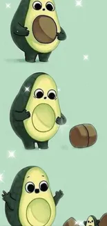 Cute avocado cartoon wallpaper with pastel green background and playful characters.