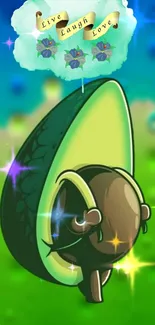 Cute cartoon avocado against a green background with sparkles.