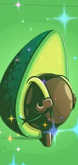 Cute avocado with glitter on a green background for mobile wallpaper.