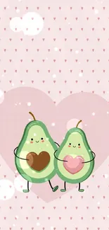 Cute avocado couple with heart seeds on a pink background.