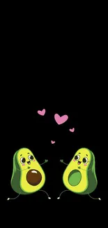 Adorable avocado characters with hearts on black background.