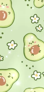 Cute pastel green wallpaper with avocados and flowers.