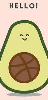 Cute avocado with a smiling face on a pastel pink background.