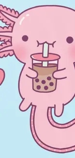 Cute pink axolotl sipping bubble tea with heart on blue background.