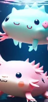 Colorful cartoon axolotls in an underwater scene.