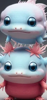 Two cute cartoon axolotls stacked adorably on a mobile wallpaper.