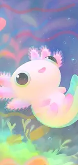 Cute axolotl in a dreamy, pastel-colored aquatic scene wallpaper.