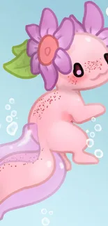 A cute axolotl with flowers and bubbles in a fantasy wallpaper.