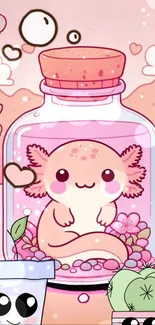 Cute axolotl in cartoon jar with pink tones.