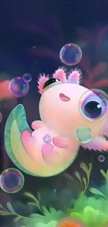 Cute axolotl surrounded by colorful bubbles in an underwater fantasy scene.