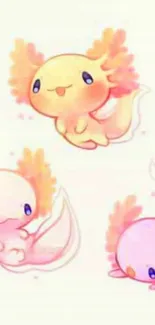 Cute pastel axolotls on a phone wallpaper.