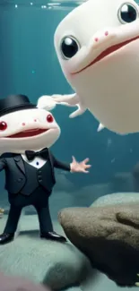 Two cute axolotls in tuxedos underwater, perfect for a playful mobile wallpaper.