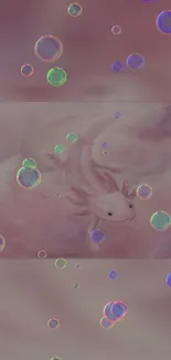 Cute axolotl surrounded by colorful floating bubbles on a pastel background.