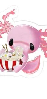 Pink axolotl with noodles cartoon wallpaper.