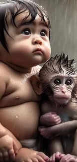 Adorable baby with wet monkey in rain.