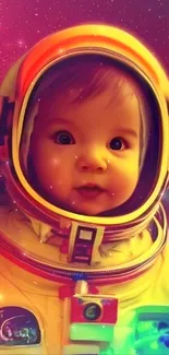 Adorable baby astronaut in vibrant yellow space suit with galaxy background.