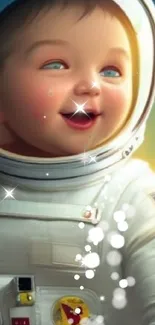 Adorable baby in astronaut suit with a galaxy background.