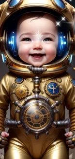 Smiling baby in a golden astronaut suit with a sparkling helmet.