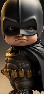 Cute baby in Batman costume with serious expression.