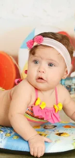 Adorable baby in pink outfit on beach-themed backdrop with vivid colors.