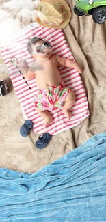 Adorable baby in sunglasses on a striped towel with a beach background.