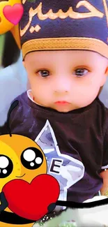 Cute baby with cartoon bee and heart emoji design.