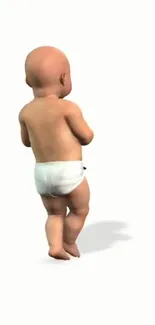 Cartoon baby in diaper standing on a white background.